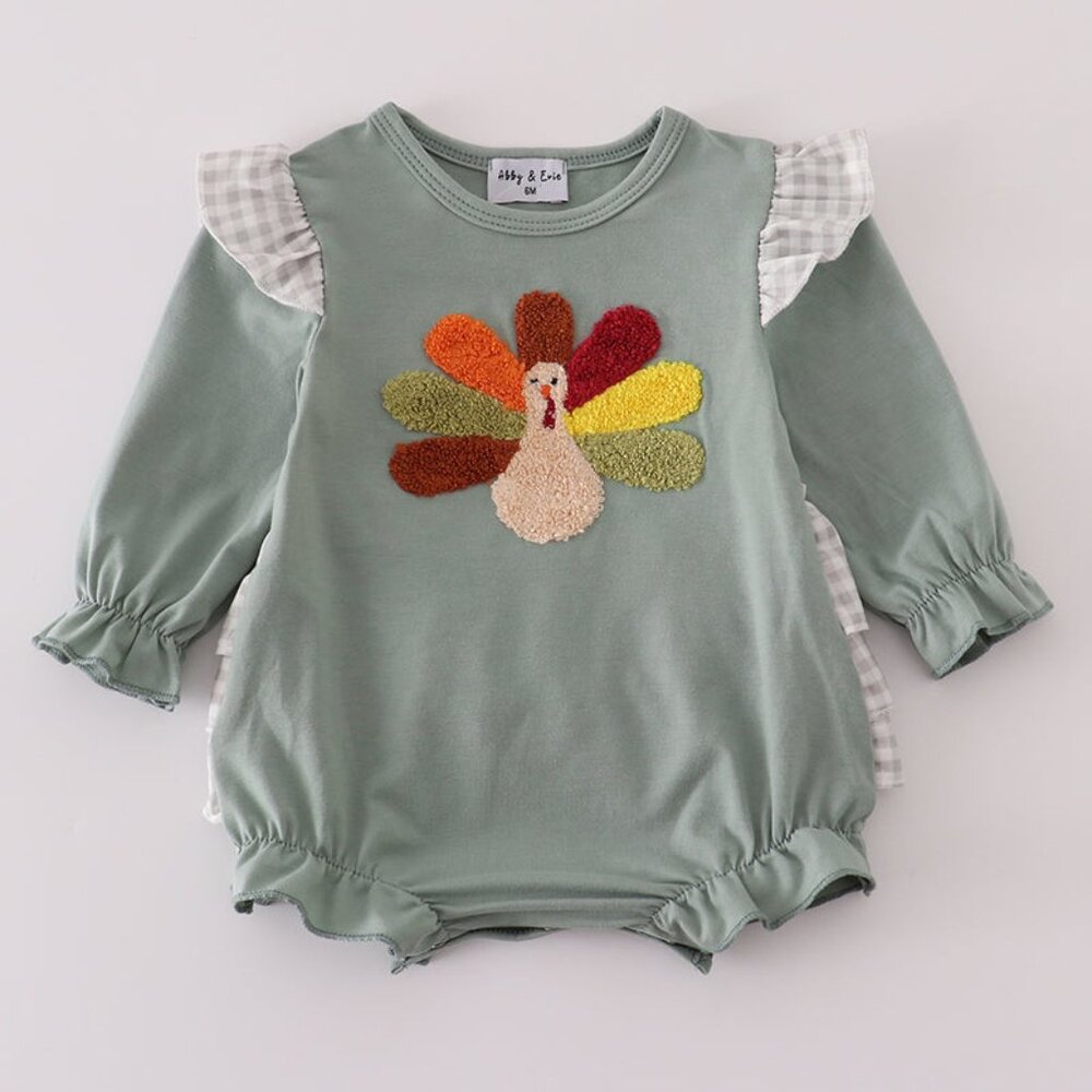 Abby and Evie Sage Green Turkey French Knot Ruffle Bubble Onesie